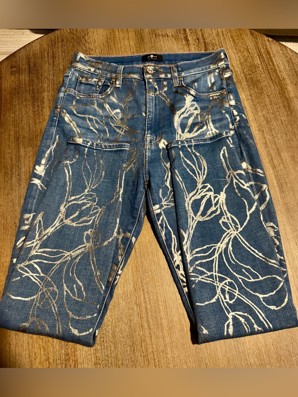 7 For All Mankind Blue Skinny Jeans with Metallic Floral Print - Picture 4 of 7
